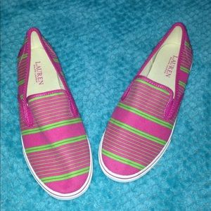 NWOT RALPH LAUREN: pink shoes with green stripes.